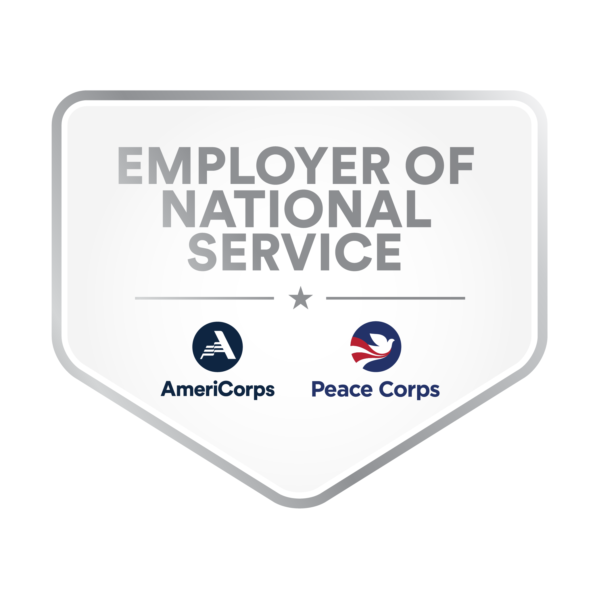 Employer of National Service badge. Includes AmeriCorps and Peace Corps logos.