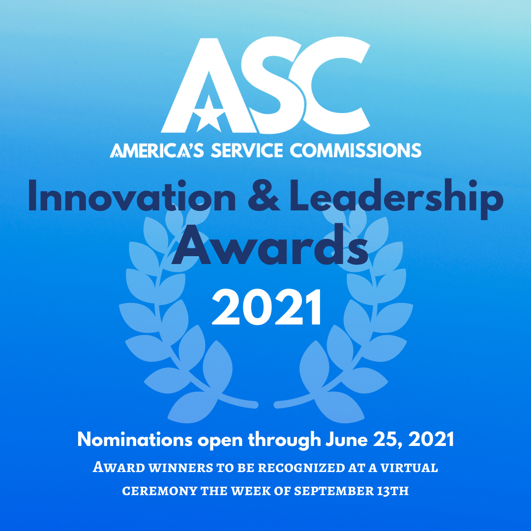 blue graphic. text reads Innovation and Leadership Awards 2021. Nominations open through June 25, 2021. Award winners to be recognized at a virtual ceremony the week of September 13th