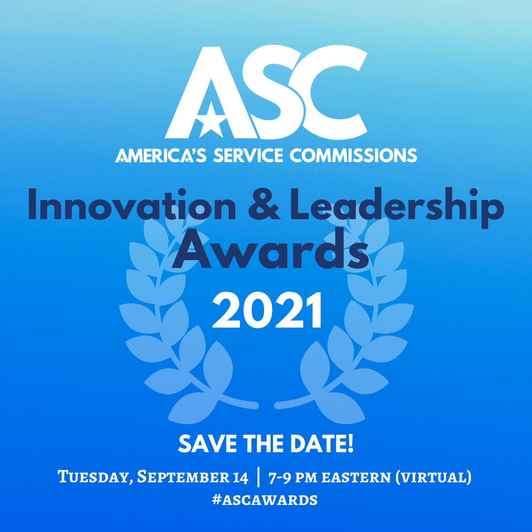 blue graphic. text reads Innovation and Leadership Awards 2021. Save the Date! Tuesday, September 14, 7-9pm ET (Virtual). #ASCAwards