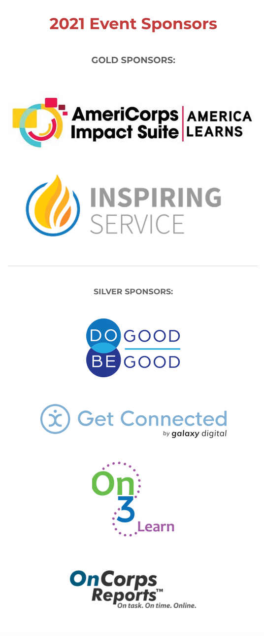 image displaying 2021 event sponsors. Gold sponsors: America Learns logo, Inspiring service logo. Silver Sponsors: Do Good Be Good logo, Galaxy Digital logo, On3Learn logo, OnCorps Reports logo, 