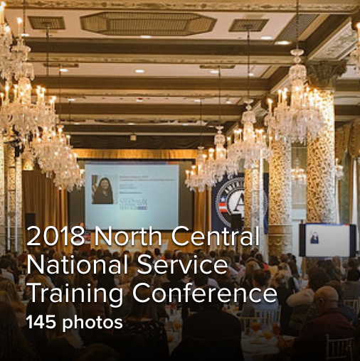 decorative. a photo of a hotel ballroom. text overlay reads 2018 North Central National Service Training Conference. 145 photos.