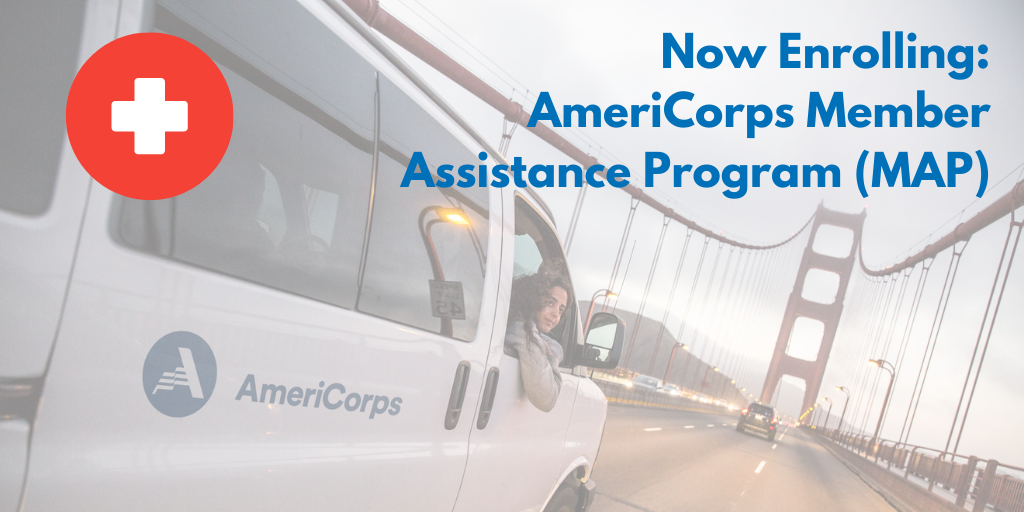 a photo of a white van with the AmeriCorps logo on the side; text overlay reads Now enrolling: AmeriCorps Member Assistance Program (MAP)