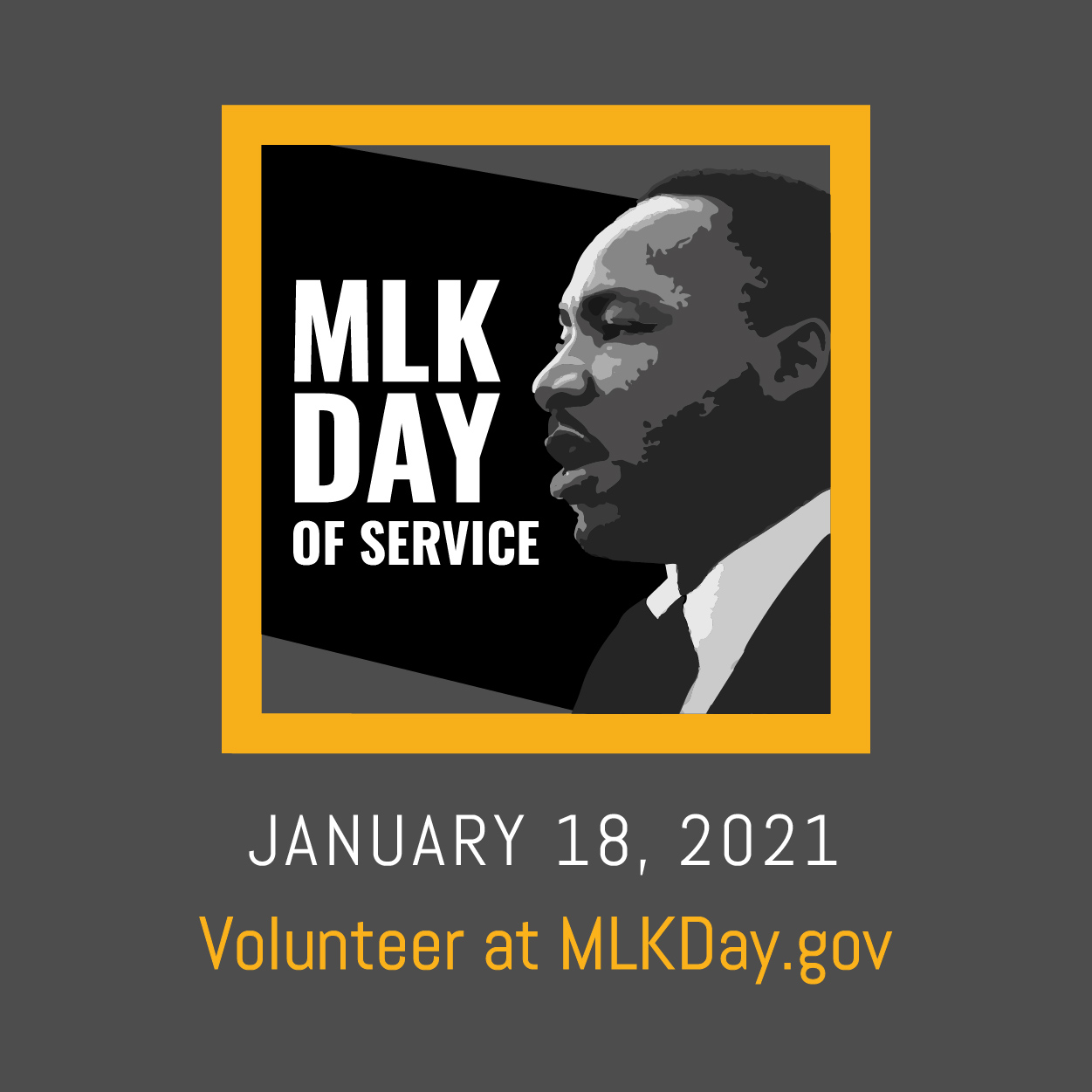 decorative graphic. MLK Day of Service. January 18, 2021. Volunteer at MLKDay.gov