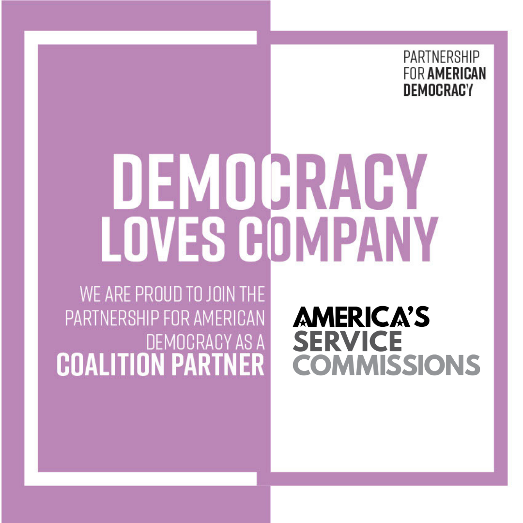 purple and white graphic. text reads Democracy Loves Company. Partnership for American Democracy. We are proud to join the partnership for American democracy as a coalition partner. Includes ASC logo.