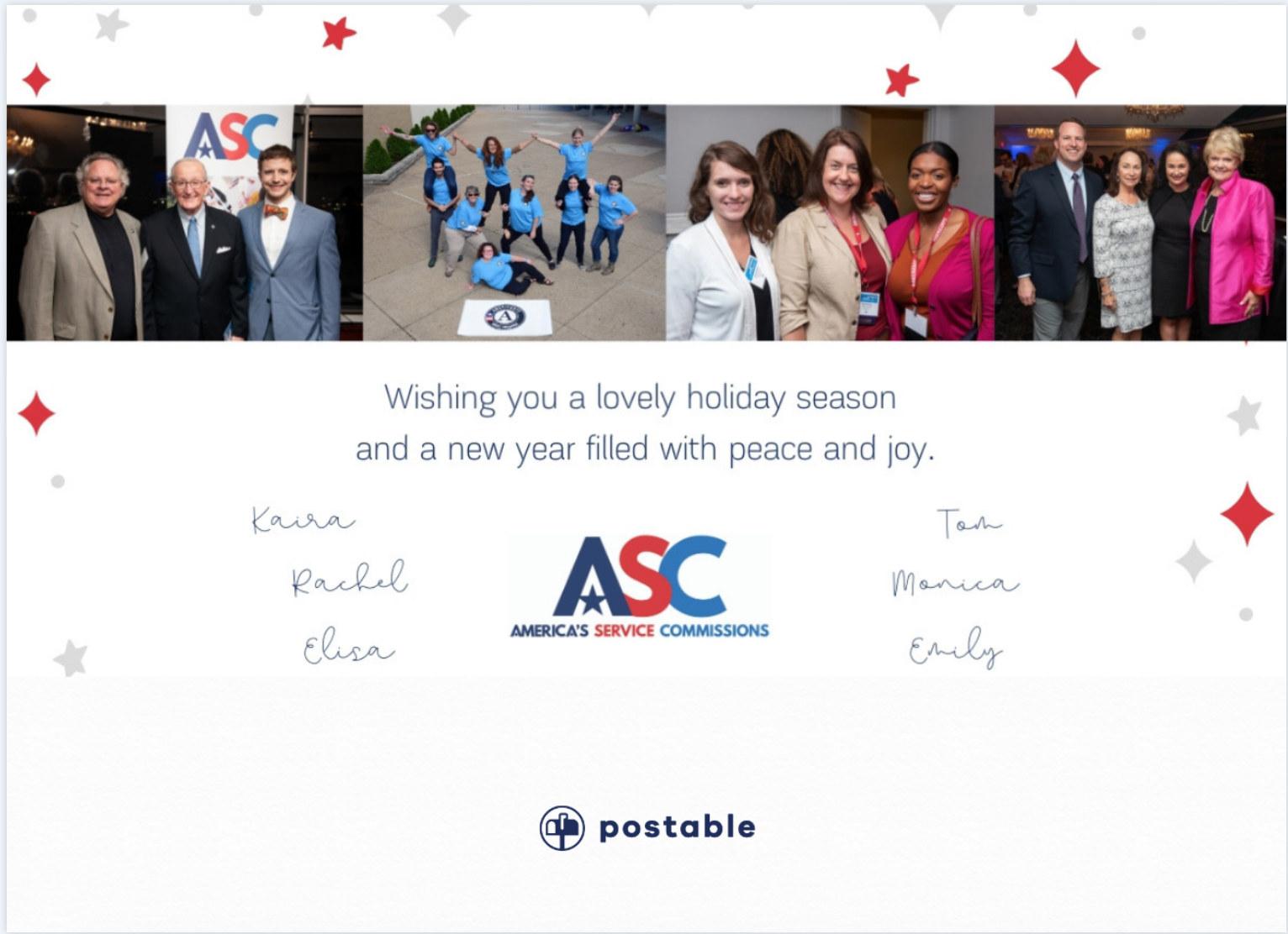 back of 2019 ASC holiday card. Four photos display several groups of people at ASC events as well as AmeriCorps members serving. Text reads Wishing you a lovely holiday season and a new year filled with peace and joy. Kaira, Rachel, Elisa, Tom, Monica, Emily
