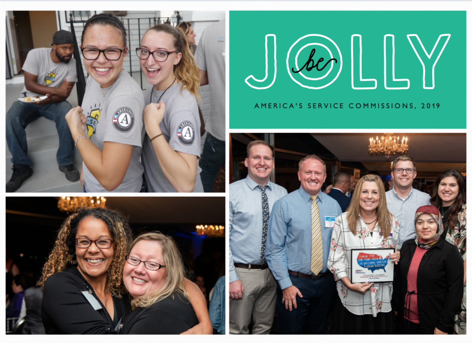 front of 2019 ASC holiday card. Text reads be jolly! Images display AmeriCorps members serving, two folks hugging, and a group of people at an ASC event.