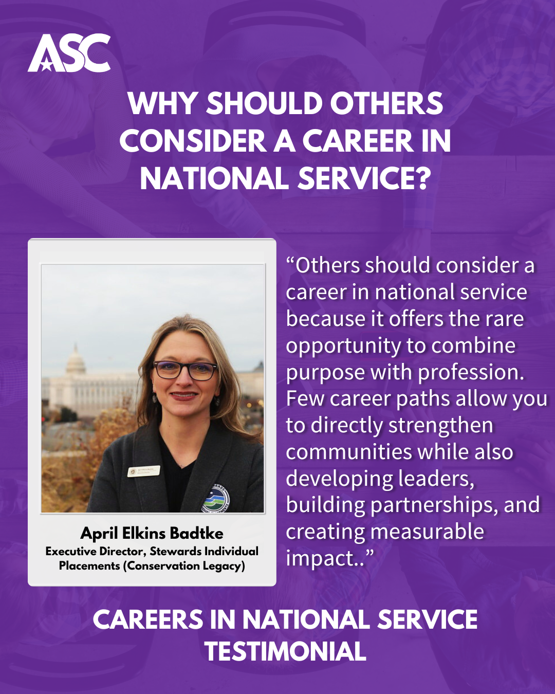 A purple background of featuring a photo of April Badtke