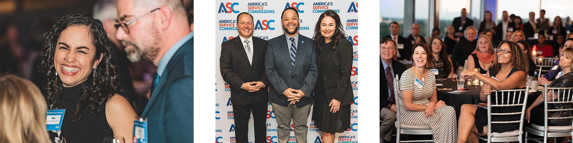 decorative. three photos. 1) Pat Guzmán-Weema smiling during conversation. 2) Judd Jeansonne, Michael Smith, and Kaira Esgate posed in front of the ASC step-and-repeat backdrop. 3) Attendees seated at tables watching the program and smiling