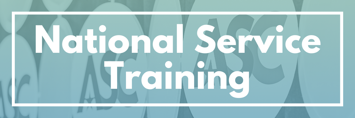 decorative. photo of stage background that is many white circles with ASC logos in some of them. Has a teal semi-transparent overlay. There is a white border and white text that says National Service Training.