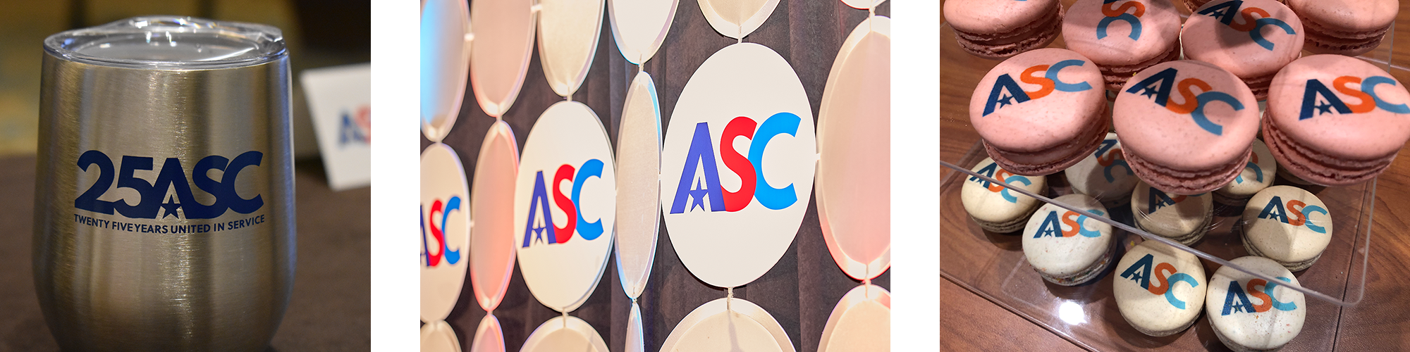 decorative. three photos. 1) silver tumbler with ASC logo in blue. 2) stage backdrop; lots of white circles with ASC logos in some of them. 3) macarons with ASC logo