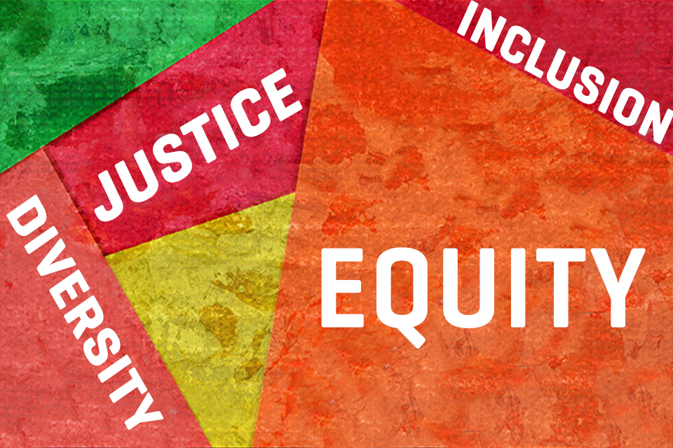colorful word art that says Justice, Diversity, Equity, and Inclusion
